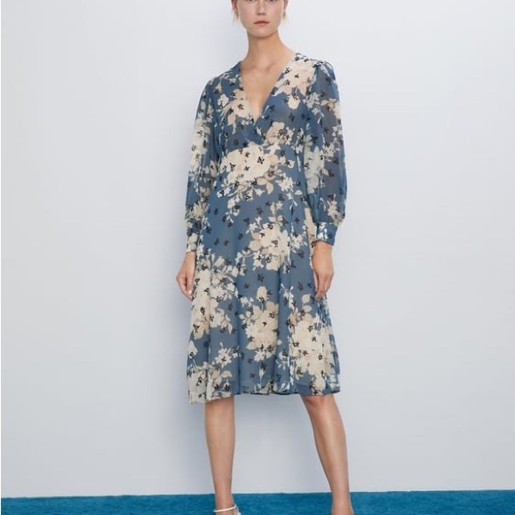 Zara Floral Print Dress NWOT Size Small Navy Blue & Beige Color - Picture 11 of 11
